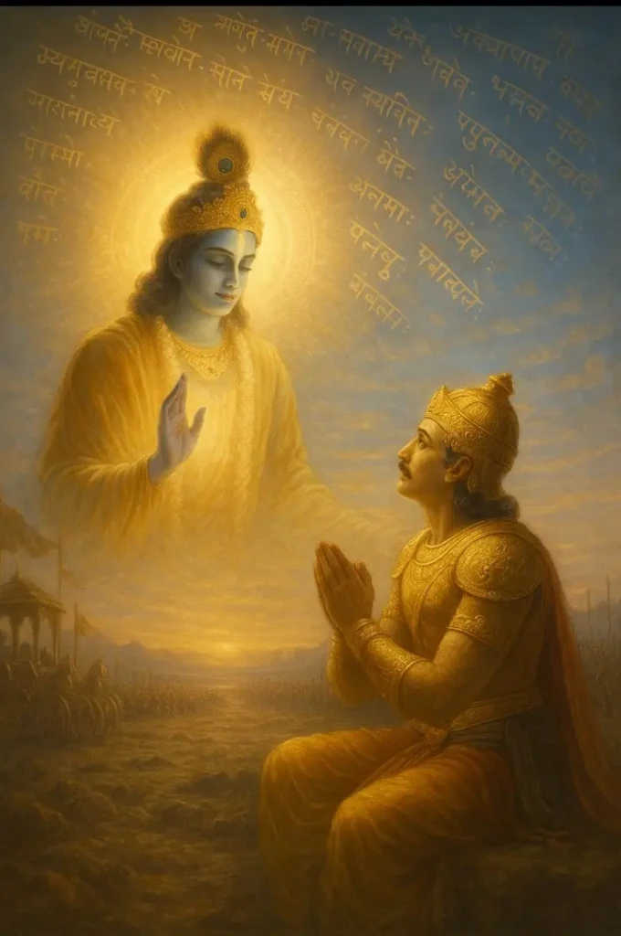 जब मनुष्य भ्रमित हो जाए, तब भगवान मार्ग दिखाते हैं — श्रीकृष्ण अर्जुन को धर्म, कर्म और ज्ञान की राह पर ले जाते हुए। When divine wisdom meets human doubt – Lord Krishna empowering Arjuna with the timeless teachings of the Bhagavad Gita.
