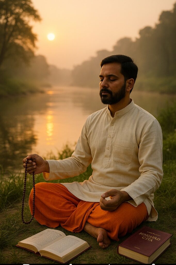 "सुबह के शांत वातावरण में ध्यान करते हुए एक भारतीय साधक, सामने गीता और जाप माला रखी है"